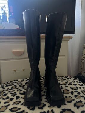 ASOS Black Knee-High Platform Square-Toe Leather Boots